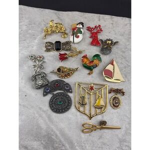 Vintage Gold Tone Brooch Lot Sailing Chicken Christmas Phone Rhinestone